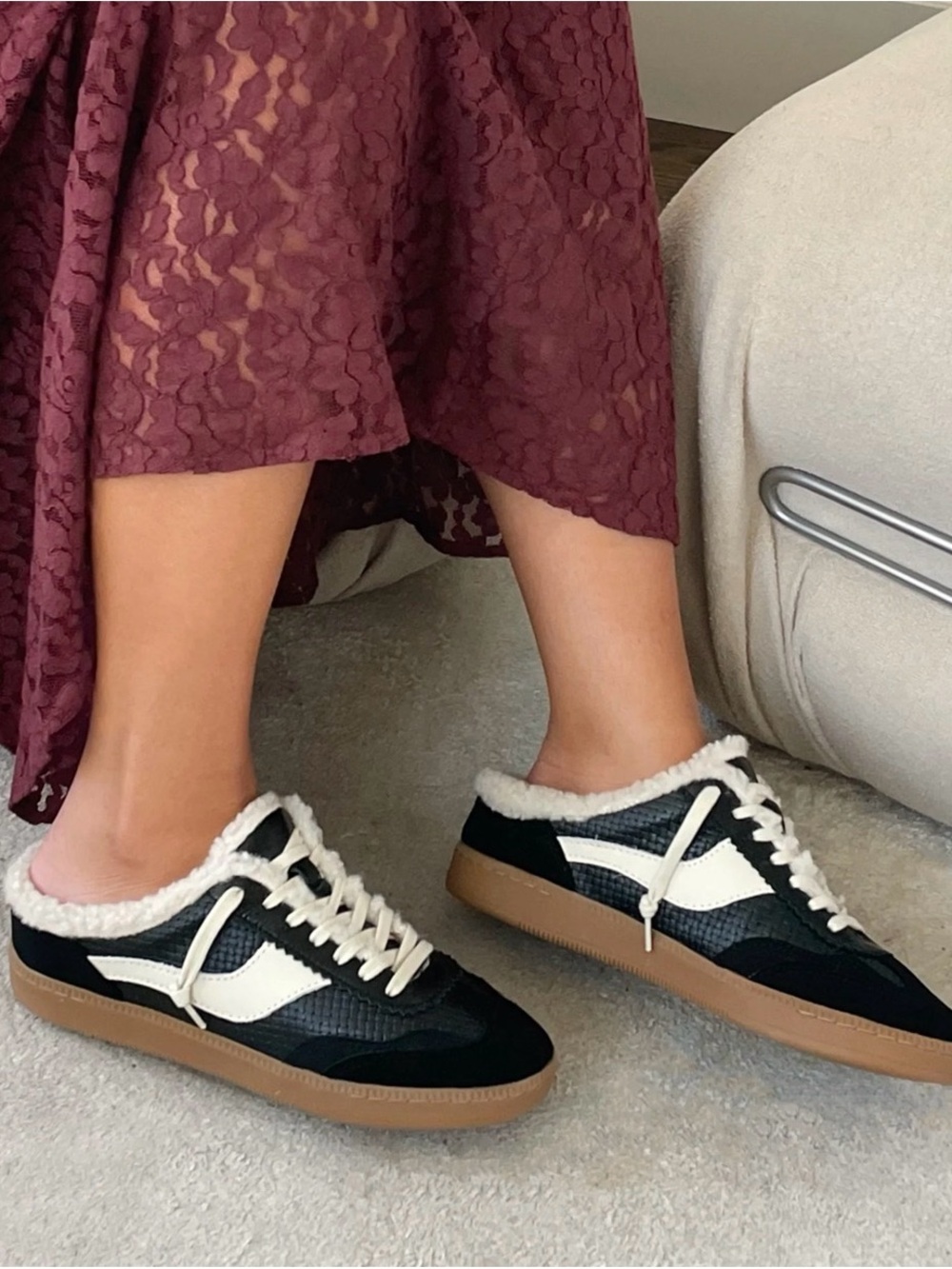 Dolce Vita Black and White Sherpa-Trim Low-Top Sneakers